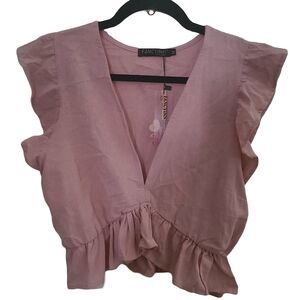 Fancyinn Pink Wrap Crop Blouse with Ruffles